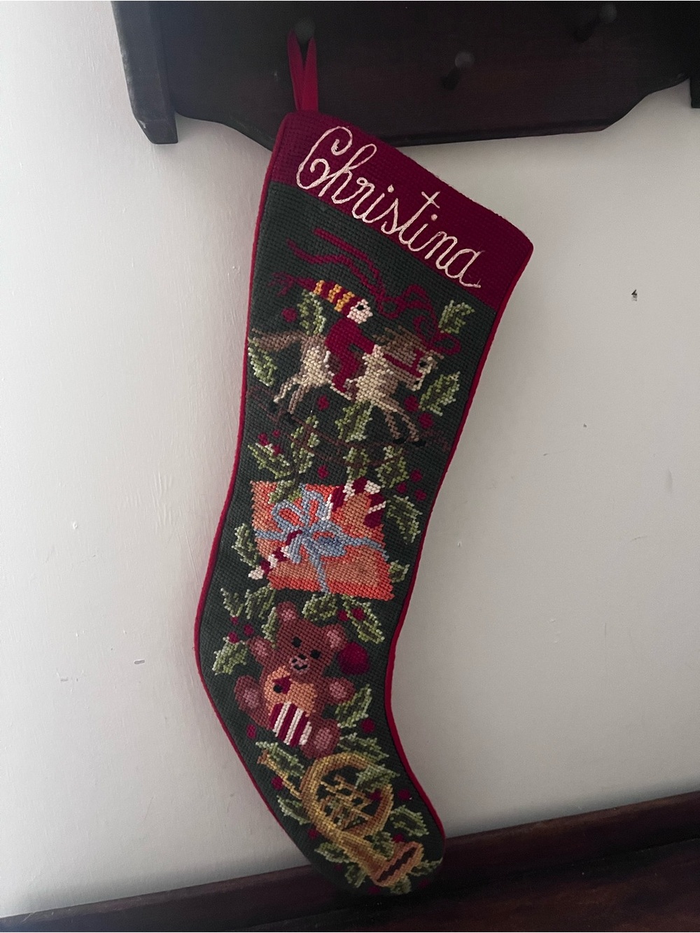 Vintage Needlepoint Christmas Stocking Christina